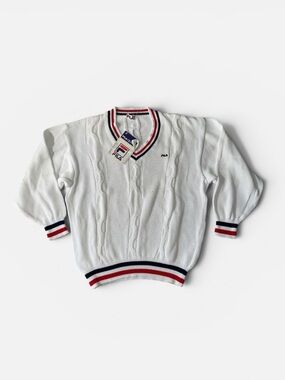 NEW FILA mens 40 L Large white cable knit vintage Deadstock 80s sweater NWT